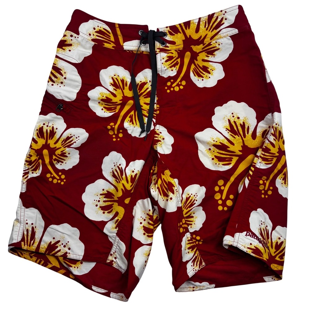 Patagonia Mens Hibiscus Floral Board Shorts Red Yellow 28 Swim Trunks 9 Inseam